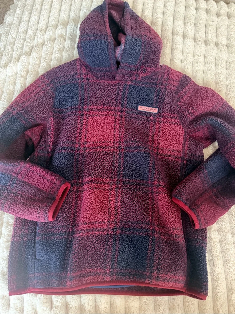 Vineyard Vines Fuzzy Plaid Sherpa Pullover - Burgundy & Navy